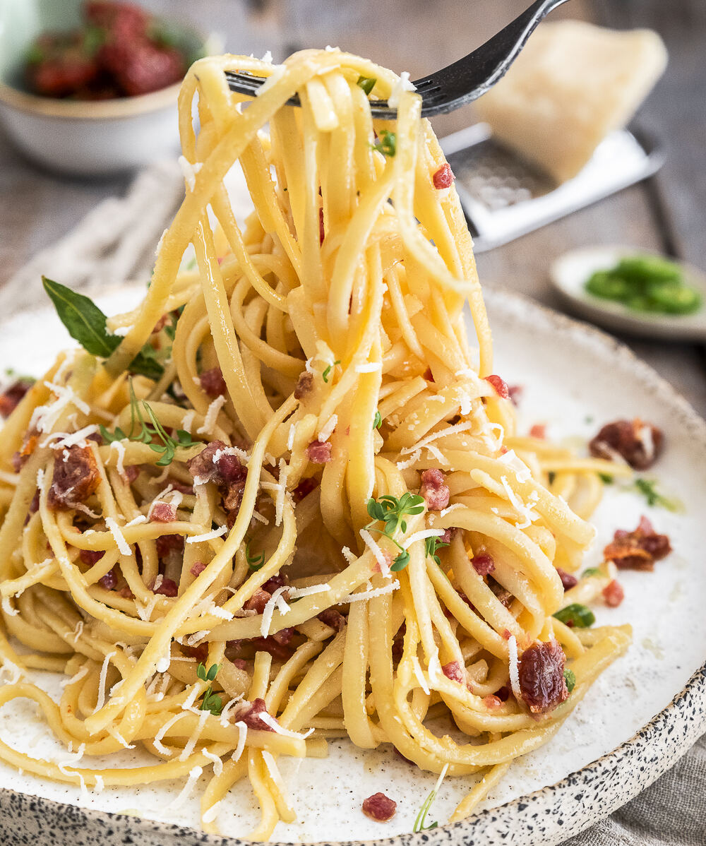 Rezept Linguine Carbonara mit halbgetrockneten Tomaten