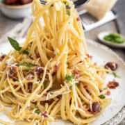 Rezept Linguine Carbonara mit halbgetrockneten Tomaten