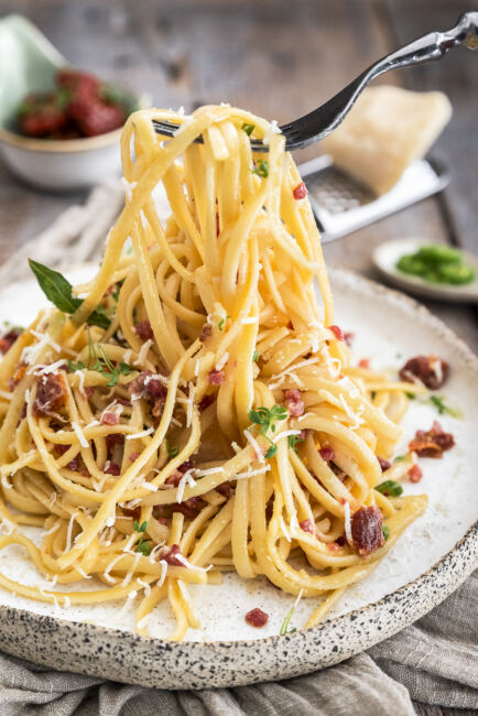 Rezept Linguine Carbonara mit halbgetrockneten Tomaten
